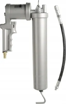 A pneumatic grease gun with a hose, shown against a white background.