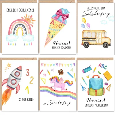 Productafbeelding van Set van 6 wenskaarten voor de schoolstart met enveloppen en stickers