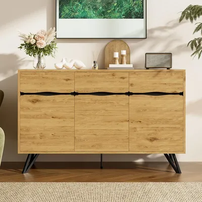 Produktbild von Sideboard in Holzoptik mit Metallbeinen und Viel Stauraum Aufbewahrungsschrank für Wohnzimmer Esszimmer 140 L x 40 B x 75,5 H Holzfarbe