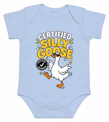 Imagen del producto de Body para bebé, color azul cielo, con estampado del meme "Gans Lustig" y gafas de sol, marca "Certified Silly Goose". Talla 6/12 meses