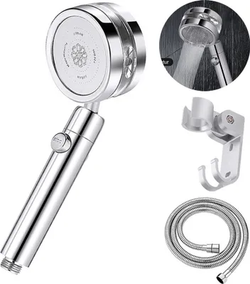 A silver shower head with a hose and a wall mount is displayed against a white background. A smaller inset image shows the shower head in use.