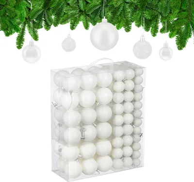 Image de Lot de 138 boules de Noël Relaxdays, en plastique, boules scintillantes, mates et brillantes, décorations pour sapin de Noël, blanches