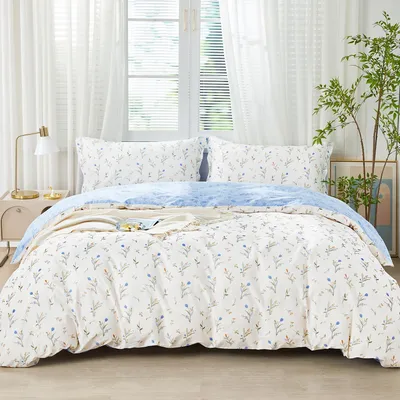 Produktbild von Bettwäsche-Set 200x200 cm Blumenmuster Blau 3-teilig Baumwolle mit Reißverschluss