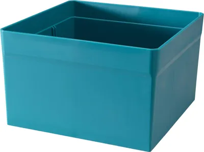 A teal plastic storage box with internal dividers, shown from a slightly elevated front-left angle against a white background.