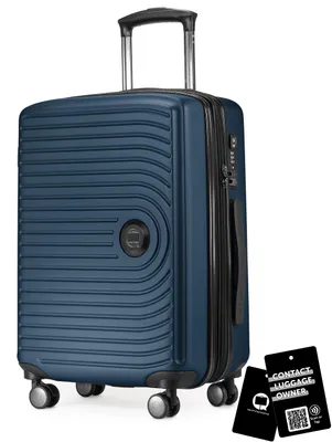 Immagine prodotto di Mitte - Valigia da trasporto + etichetta digitale per bagagli, trolley da cabina XL estensione bagaglio a mano valigia rigida aereo Carry-On 55 L TSA, blu scuro