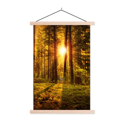 Produktbild von MuchoWow® Textilposter Wald - Sonne - Bäume - Natur - Sonnenuntergang 40x60 cm mit holzfarbenen Rahmen - Poster