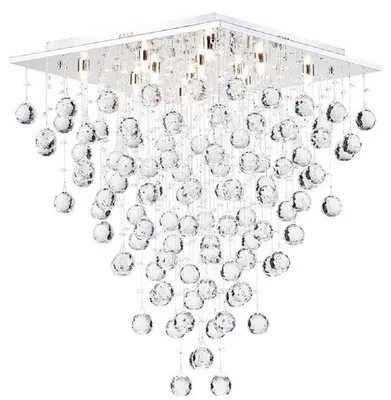 Produktbild von Casa Padrino Designer Deckenleuchte Silber 50 x 50 x H. 65 cm - Moderne chrombeschichtete Deckenlampe mit Kristall Ketten