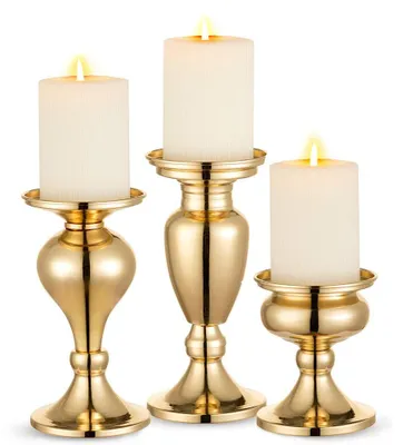 Produktbild von Metallische Säulenkerzenhalter Set von 3 - Vintage Goldene Kerzenständer
