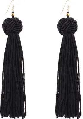 Produktbild von Böhmische Damen-Ohrringe mit gewebtem Knoten und langer Quaste, baumelnde Haken-Ohrringe, Statement-Schmuck-Schwarz