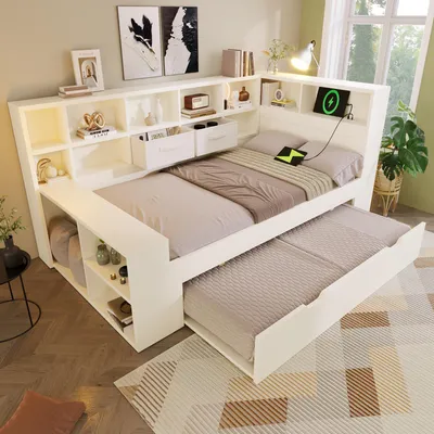 Produktbild von Flieks Schlafsofa Holzbett 90x190cm mit Ausziehbett 90x190cm, Tagesbett Daybed mit Ladefunktion, Jugendbett Einzelbett mit Stauraum, Weiß