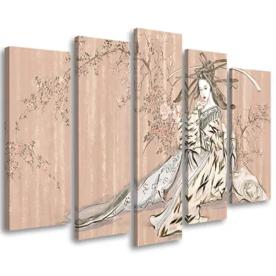 Produktbild von 5-teiliges leinwandbild traditionelle japanische geisha 200x100 cm Feeby orange wandbild bereit zum aufhängen