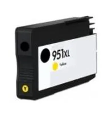 A yellow ink cartridge for an HP printer.