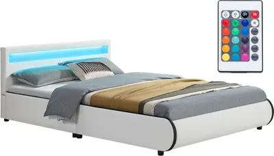 Produktbild von Juskys Polsterbett Sevilla 140 x 200 cm weiß – Bettgestell mit LED Beleuchtung, Lattenrost & Kopfteil – Kunstleder & Holz – Bett Jugendbett