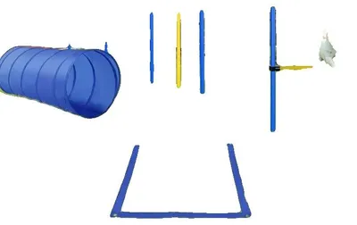 Obrázek produktu pro Sada pro výcvik psů, vysoce kvalitní plast, tunel o délce 150 cm, 2 nastavitelné překážky, 8 slalomových tyčí, přenosný design s taškou