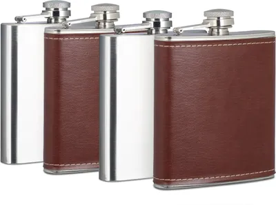 Produktbild von 4x Flachmann 200 ml, 2 Taschenflaschen mit Kunstleder Hülle, 2 kleine Flachmänner aus Edelstahl, für unterwegs, silber