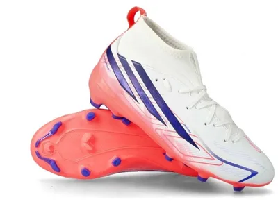 Productafbeelding van Voetbalschoenen Adidas F50 Hyperfast League Mid voor kinderen, geschikt voor grasvelden, in de kleuren "Cloud White / Solar Purple / Solar Turbo"