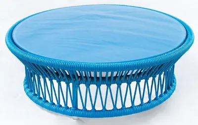 Produktbild von Casa Padrino Luxus Gartentisch Blau Ø 100 x H. 34 cm - Handgewebter wetterbeständiger Couchtisch mit Glasplatte - Garten Terrassen Tisch Möbel - Luxus Kollektion