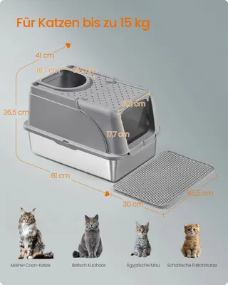 Produktbild von Katzentoilette - XL Katzenklo - Edelstahl - Mit Deckel - Schaufel und Bürste - 2 Eingänge - Für Katzen bis 15 kg - Dunkelbraun