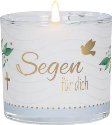 Produktbild von Butzon & Bercker Glaswindlicht "Segen für dich" Ø 6 cm - handgeblasenes Windlicht mit Pergamentumleger, türkise Geschenkverpackung, weißes Teelicht, liebevolles Geschenk zur Taufe