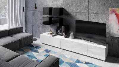 Produktbild von Wohnwand CALABRINI-18 Wohnzimmer-Set Hängewohnwand Schrankwand Schrank TV-Schrank Moderne Anbauwand Hochglanz (Schwarz + Weiß)