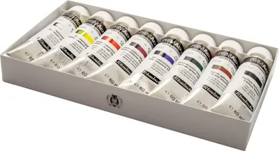 A set of eight tubes of artist acrylic paint in a white cardboard box.