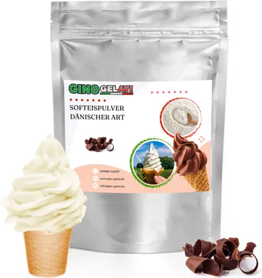 A pouch of soft serve ice cream powder with images of ice cream cones and chocolate shavings.