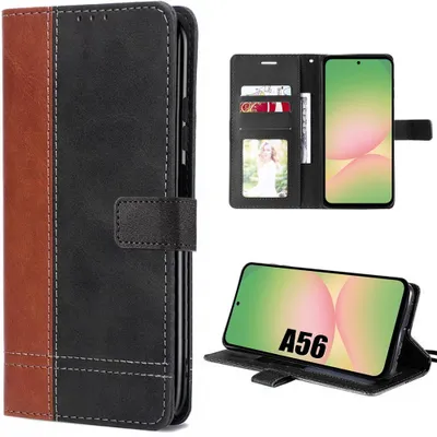 Image de Coque pour Samsung Galaxy A56 5G, Protection Cuir Synthétique Anti-Rayures Antichoc Marron/Noir