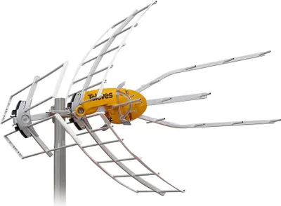 A close-up studio shot of a TV antenna against a white background.