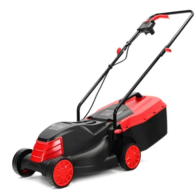 A red and black electric lawnmower is shown against a white background.