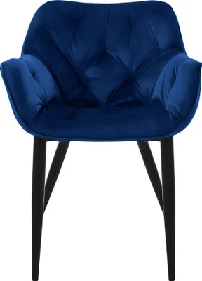 A dark blue velvet dining chair with black legs, shown from the front against a white background.