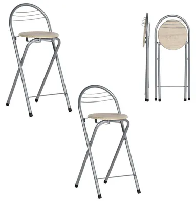 Immagine prodotto di Set di 2 sgabelli pieghevoli, altezza seduta 61 cm, finitura effetto legno e colore argento