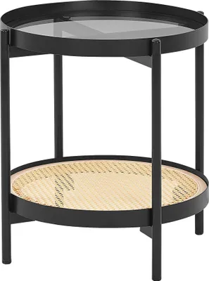 Produktbild von BELIANI Beistelltisch Schwarz / Hellbraun aus Metall mit Glasplatte Rattan Wiener Geflecht Elegant Modernes Design für Wohnzimmer Schlafzimmer Flur