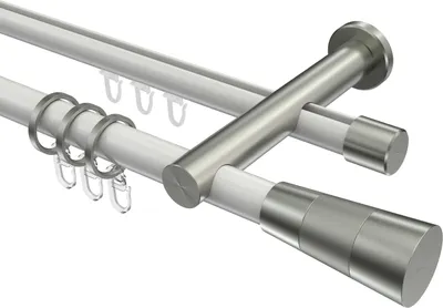 Produktbild von Interdeco Rundrohr-Innenlaufstange / Gardinenstange (Kombination) Weiß / Edelstahl-Optik, Typ Platon Tanara (Konus Bicolor), 20 mm Ø 2-läufig, 320 cm