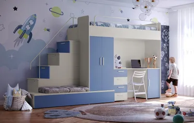 Produktbild von Etagenbett FELIX 5, Hochglanz Kinderbett, Hochbett, MIT Matratze und Lattenrost (Kaschmir + Blau, Glanz)