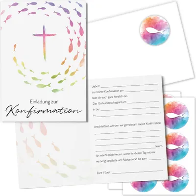 Produktbild von younikat 15 Stück Einladungskarten zur Konfirmation I DIN A6 mit passenden Umschlägen I Klappkarten bunte Fische mit 18 Aufklebern zum Verzieren I Einladung zur Konfirmationsfeier I dv1370