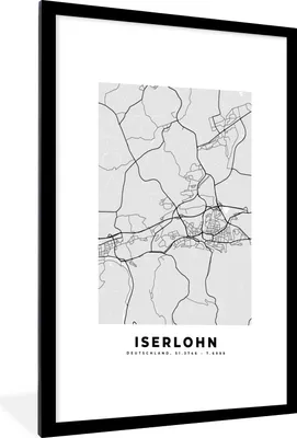 Produktbild von MuchoWow® Gerahmtes Poster Karte - Deutschland - Iserlohn - Karte - Stadtplan 60x90 cm - Poster mit Schwarzem Bilderrahmen Wandposter Rahmen Foto Bilder - Dekoration - Wandposter Wohnzimmer - Hochwertig