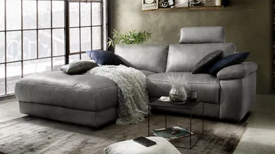 Produktbild von KAWOLA Sofa LOLA Ecksofa Stoff grau mit motorischer Relaxfunktion Recamiere links