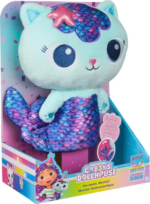 A plush toy mermaid cat in its packaging.