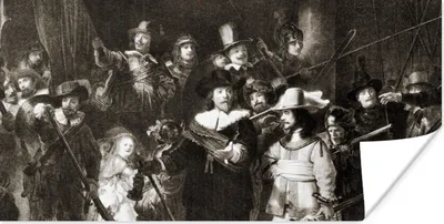 Produktbild von MuchoWow® Poster Die Nachtwache in Schwarz und Weiß - Gemälde von Rembrandt van Rijn 80x40 cm - Wanddeko