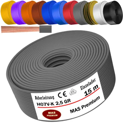 Zdjęcie produktu dla Przewód zasilający, 15 metrów, H07 V-K, kolor szary, 1x2,5 mm², pojedyncze żyły, elastyczny