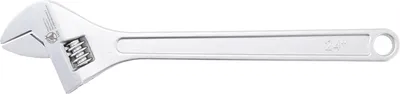 A silver adjustable wrench is shown against a white background.