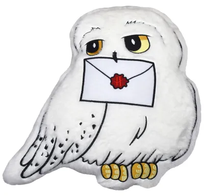 Produktbild von Harry Potter Kissen - Hedwig mit Brief Plüsch Eule Dekokissen Zierkissen Kopfkissen Sitzkissen Weiß 40 x 40 cm