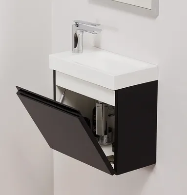 Produktbild von Quentis Gäste-WC Badmöbelset Faros 40, schwarz glänzend, Waschbeckenunterschrank montiert