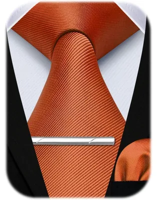 Produktbild von Herren Krawatten und Einstecktuch Set mit Krawattenklammer, einfarbig, Orange, Einheitsgröße