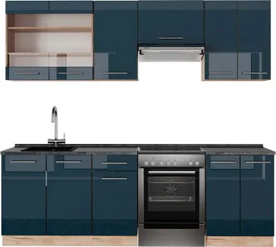 Produktbild von Küchenzeile Vicco Fame-Line Dunkelblau Hochglanz/Goldkraft Eiche 240 cm , AP Anthrazit, Model 49778