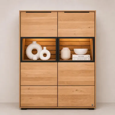 Produktbild von Highboard B 100 x H 130 x T 40 cm JACKSON – Eiche teilmassiv mit LED-Beleuchtung, KI-generiertes Bild