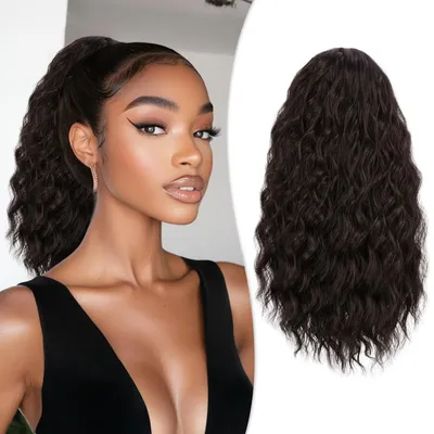 Image de Pièce de cheveux brun foncé, bouclée, queue de cheval, 40 cm, extension de cheveux synthétique à clip, pour femmes