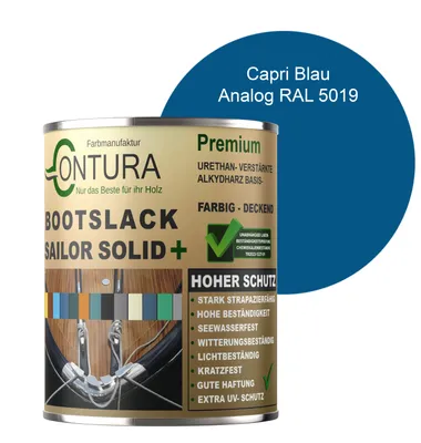 Produktbild von Contura 1Liter Bootslack Farbig SEIDENMATT Yacht- Buntlack Metall Holz GFK Schiffslack RAL Holzlack Boot Farblos - Capri Blau - RAL 5019 Analog