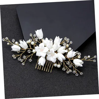 Produktbild von Brauthaarkamm mit Weißer Blume aus Legierung, Handgefertigt | Perlen und Kristallperlen Deko, für Verlobung und Hochzeit, Zartes Einzelstück für Brautjungfern