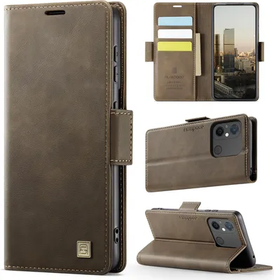 Image de Etui en cuir pour Xiaomi Redmi 12C / Redmi 11A, protection RFID, fermeture magnétique, fentes pour cartes et support Marron